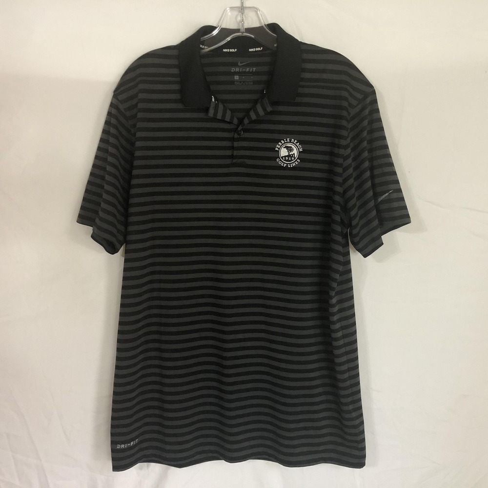 Nike Golf Polo Shirt Mens Medium Black Stripe Pebble Beach Golf Links Dri-FIT‎